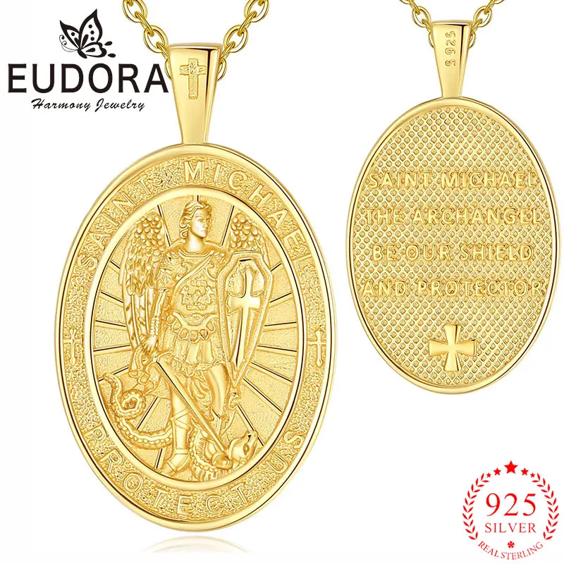 

Eudora New 925 Sterling Silver St.Michael Necklace 18K Gold Cross Shield Amulet Pendant Religious Jewelry Gift for Men Women
