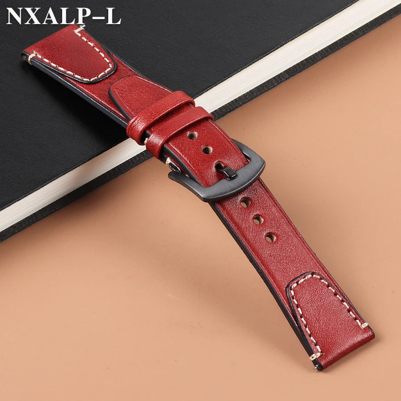 Vintage Genuine Leather Watch Band with Stitching - Retro Cowhide Quick Release Strap