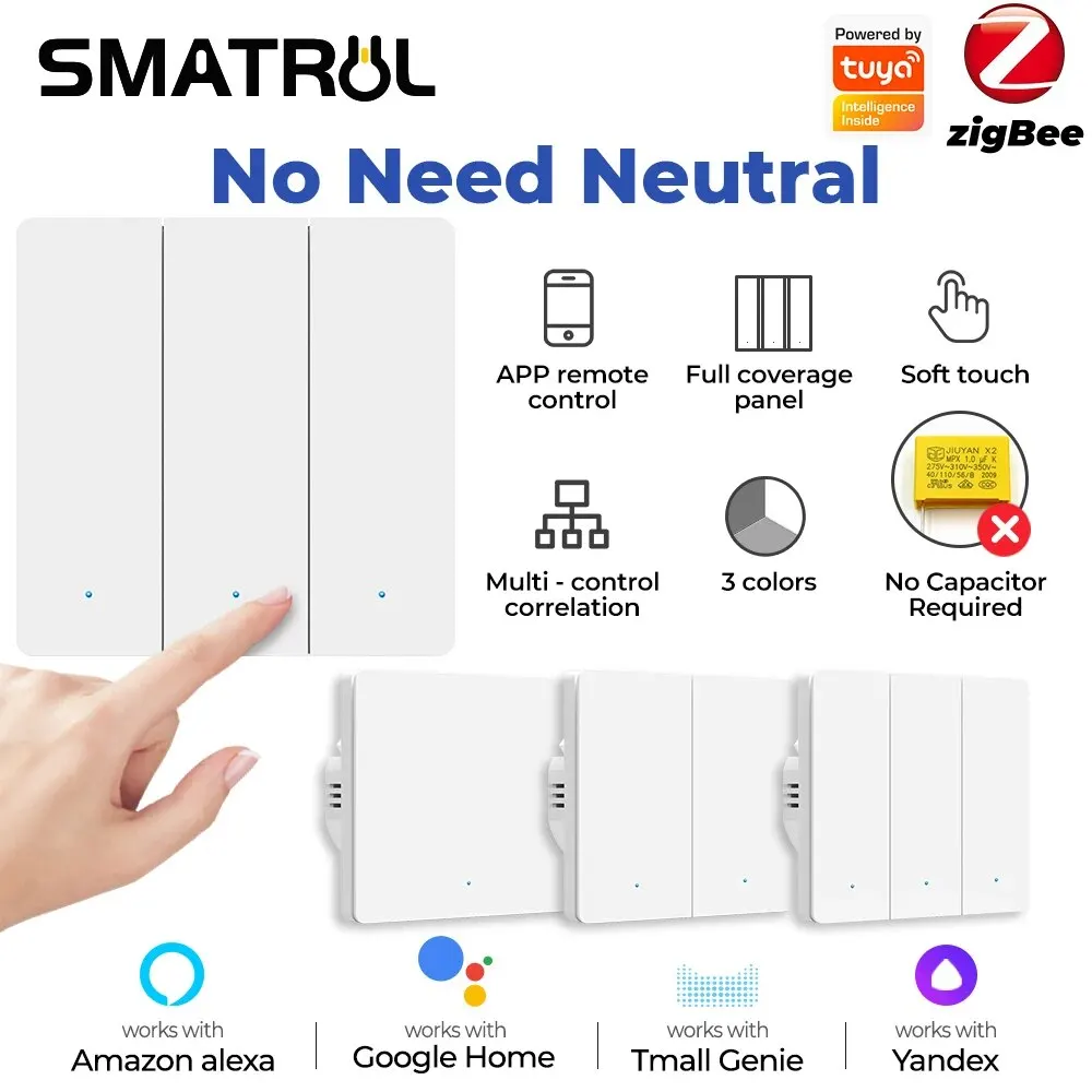 Tuya Zigbee EU Smart Light Switch No Neutral Wire No Capacitor Needed Smart Life APP Support Alexa Google Home