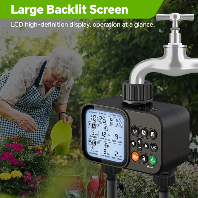Smart 2-Outlet Irrigation Timer with Backlit LCD Display Rain Sensor for Outdoor Garden Automatic Irrigation Watering System 4