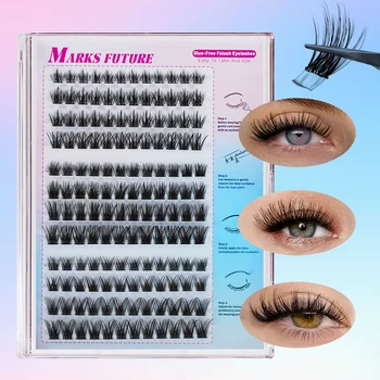 144 Pieces of C Curl Self-Adhesive Eyelashes with Tweezers - Natural Cat-Eye Style, Thick and Voluminous, Mixed Length 10-16mm, Reusable False Eyelashes, Easy for Beginners to Use 1
