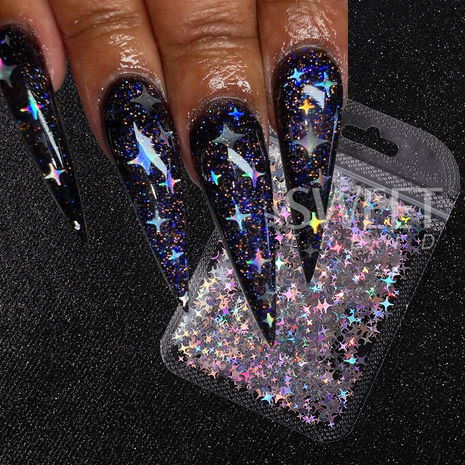 3 Bags Holographic Silver Glitter Nail Art Sequins Sparkly Four-pointed Star Shape Flakes Bright Paillette Manicure Decor Slices
