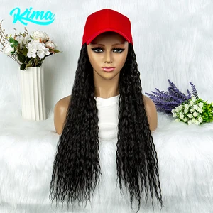 Synthetic Kinky Straight Hair With Baseball Cap 22 Inches Natural Color Hair Machine Made Curly Hair Wig For Black Women