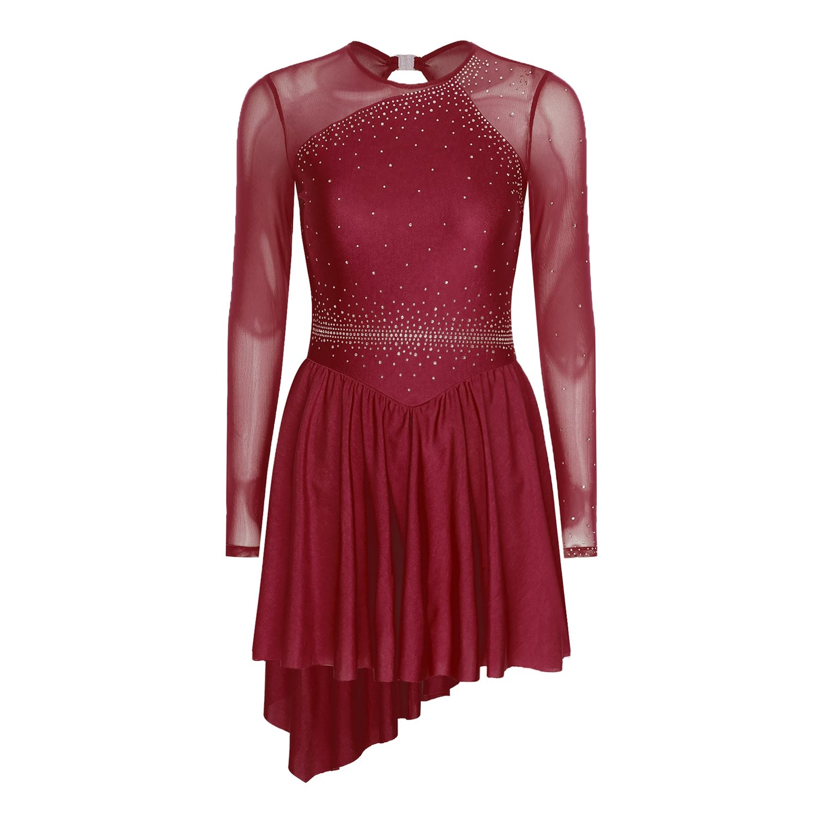 Damen glitzernde Strasssteine, Gymnastik, Eiskunstlauf, Ballett, lyrischer Tanz, Trikots, Kostüm, durchsichtiges Netz, langärmelig, Tanzkleid – Detail 13