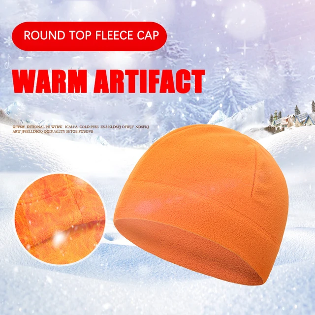 Orange fleece winter cap ideal for outdoor activities and warmth. Durable, soft, and comfortable, perfect for winter sports and daily use. Keeps head insulated during cold climates.