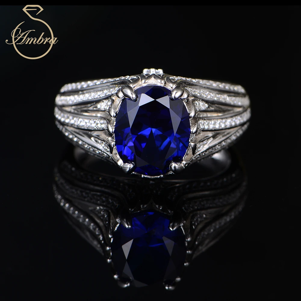 Ambra Jewelry 5ct Sapphire Blue Moissanite Diamond Luxury Ring for men in 925 Sterling Silver Plated to attend Party Banquet - Image 2