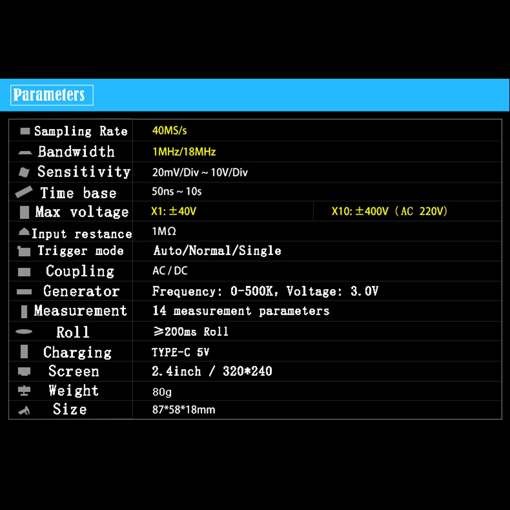 Digital Oscilloscope ZEEWEII DSO154Pro 2.4inch Screen Digital Oscilloscope 1MHz&18MHz Analog Bandwidth Support Signal Generator 40MSa/s Sampling Rate