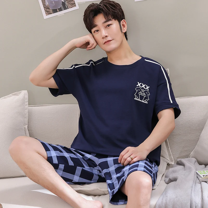 Summer New Knitted Cotton Short Sleeve Men Pajamas Sets Male Pajama Set Letter Pajama For Men Sleepwear Suit Homewear Size XXXXL mens silk pajamas short set Men's Sleep & Lounge