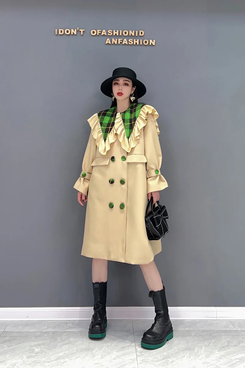 long duvet coat Vefadisa 2022 Spring Autumn The New Large Size Windbreaker Fashion Mid-length Doll Collar Double Breasted Coat Yellow LHX119 long down puffer coat Coats & Jackets