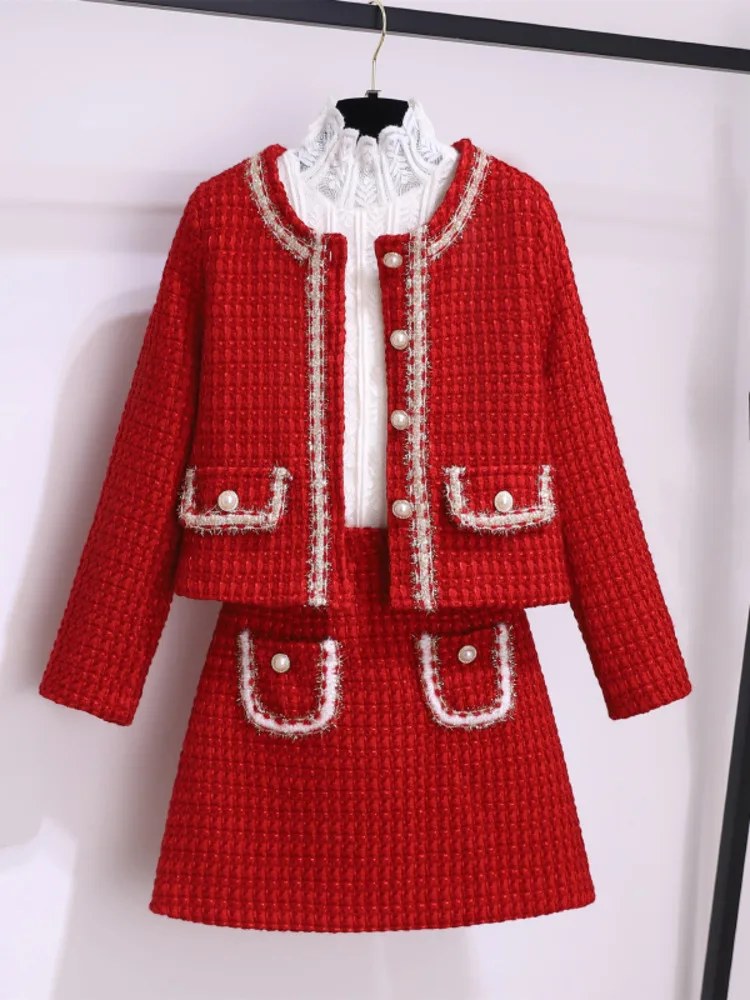

Женский клетчатый твидовый комплект, красная однобортная шерстяная куртка с жемчужинами и мини-юбка с бахромой и карманами, Осень-зима