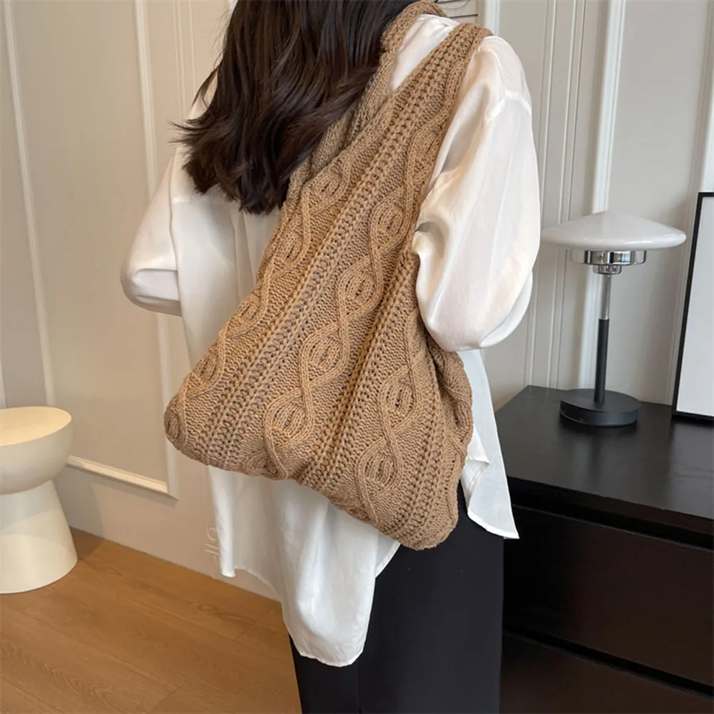 Wool Knitted Shoulder Shopping Bag for Women Vintage Cotton Cloth Girls Tote Shopper Bag Large Female Handbag Crochet Bag 3