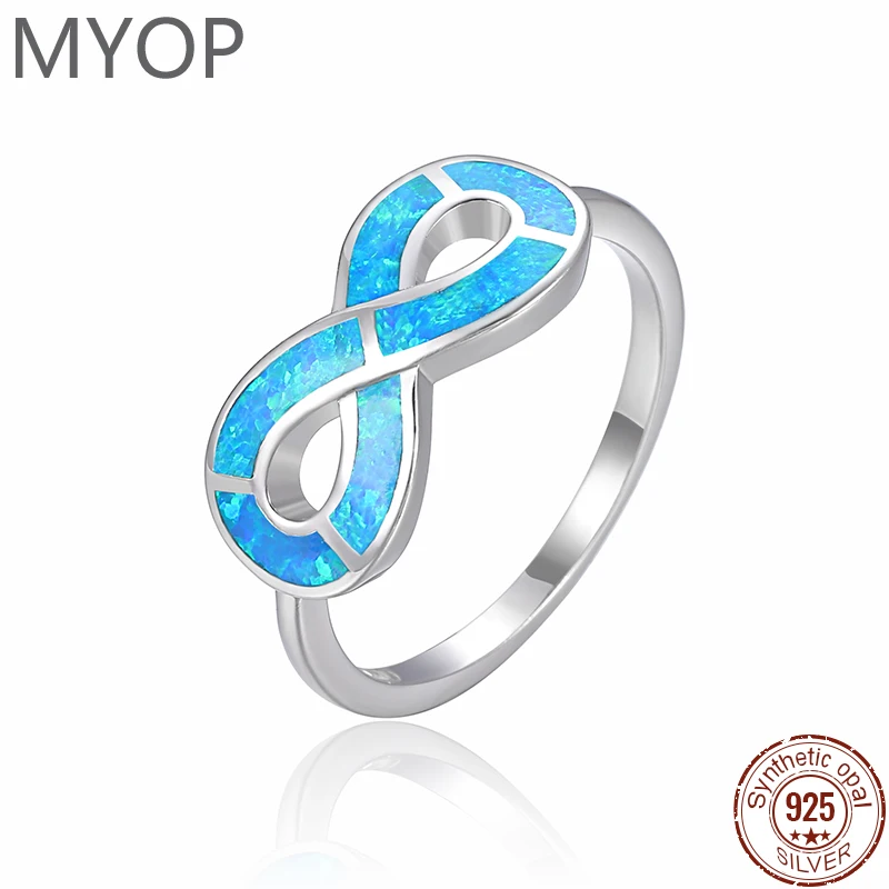 MYOP New Fashion Simple Silver Creative 8 Shaped Ring Real Blue Opal Anniversary Gift 925 Sterling Silver Jewelry