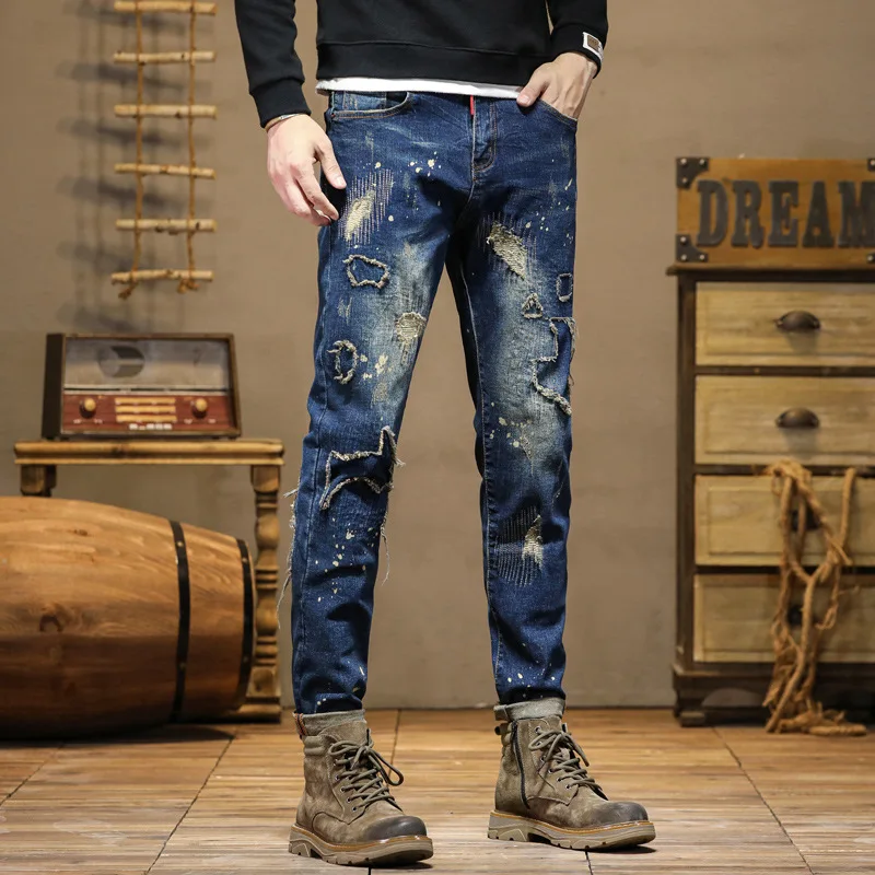Street Design Motorcycle Men's Ripped Embroidery Patch Stitching Splash-Ink Jeans Men's Trendy Slim Fit Retro Trousers