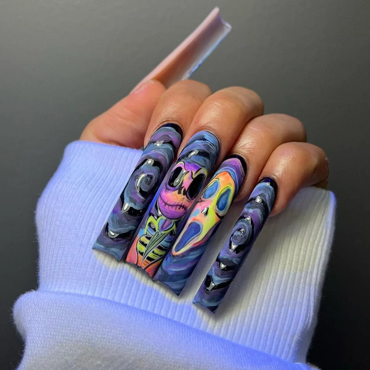 

3D fake nails accessories for halloween grimace eye of the storm designs long french coffin tips faux ongles press on false nail