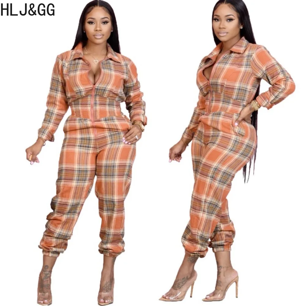 HLJ&GG Spring Casual Plaid Printing Zipper Loose Jumpsuits Women V Neck Long Sleeve Pocket Jogger Pants Playsuits Female Overall