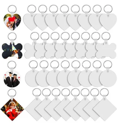 

36 Pieces Sublimation Blank Keychains Kits Heat Transfer Printed DIY MDF Keychain Keycring Round Heart Bone Square Shape