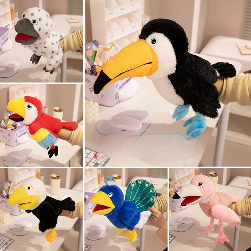 Cartoon Birds Series Hand Puppet Plush Toy Simulation Stuffed Animal Soft Parrot Flamingo Whiteheaded Eagle Doll Funny Kids Gift