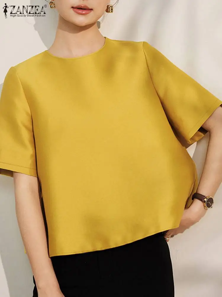 

Блузка ZANZEA женская с коротким рукавом, элегантная повседневная туника, модный однотонный Атласный топ свободного покроя с круглым вырезом, лето 2024