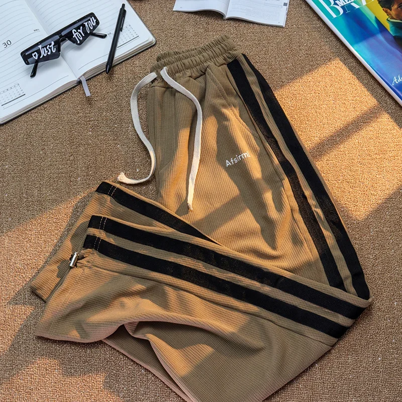 Waffle Sweetheart Pants Men's Summer Thin Vintage Spliced Stripe Sports Pants ins Fashion Brand Loose Straight Leg Casual Pants