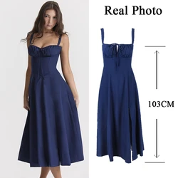 Suninheart Women's Elegant Floral Midi Dress - Sweet Summer Blue with Lace - Up Detail - S (Royal blue)