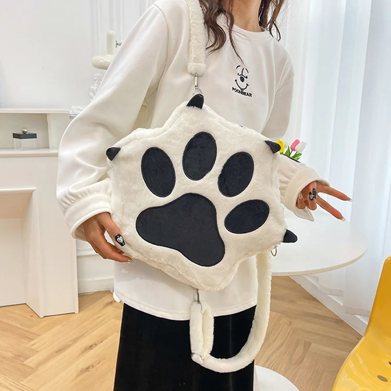 Kawaii White Cat Paw Plush Backpack Adjustable Straps Funny Big Capacity Soft Stuffed Animals Crossboyd Bags for Girls Women