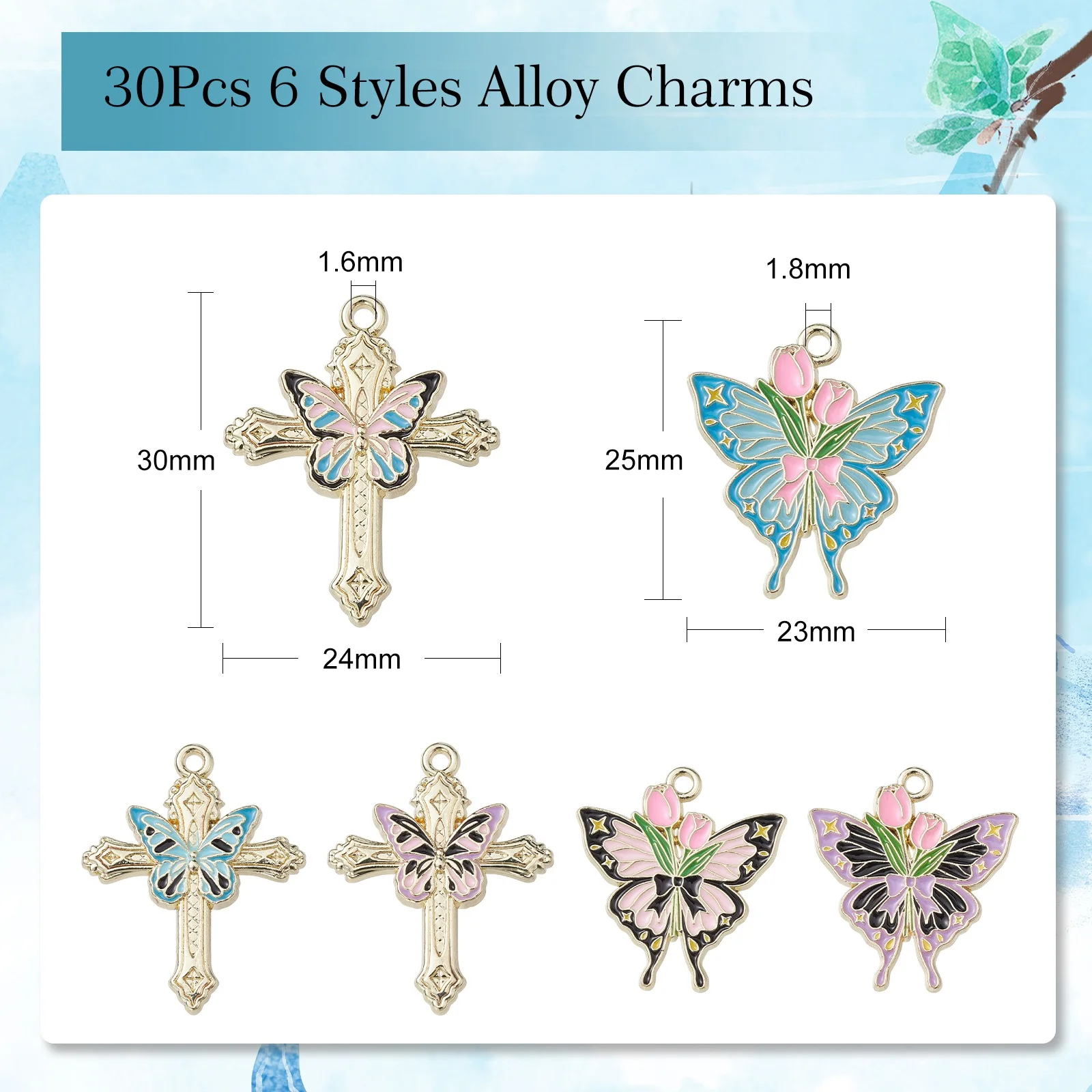 30Pcs 6 Styles Enamel Butterfly Charms Insect Animal Charms Butterfly with Rose Cross Charms for Crafts Jewelry Making DIY