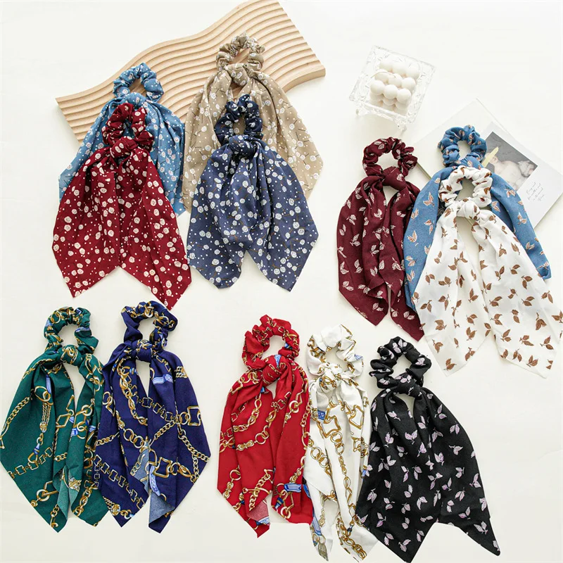 

Fashion Bow Long Ribbon Hair Scrunchie Chiffon Floral Print Sweet Elastic Hair Band Ponytail Hair Scarf Hair Tie Hair Accessorie