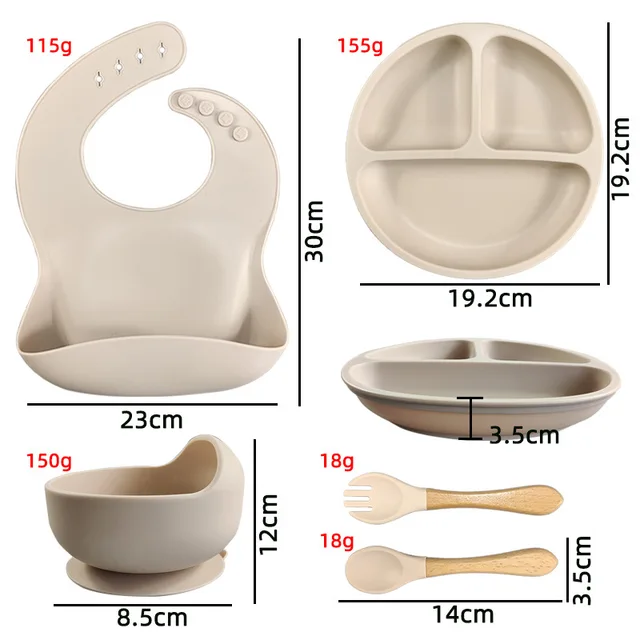 3 5 6Pcs Silicone Baby Feeding Set BPA Free Suction Bowl Divided Plate Wood Handle Spoon