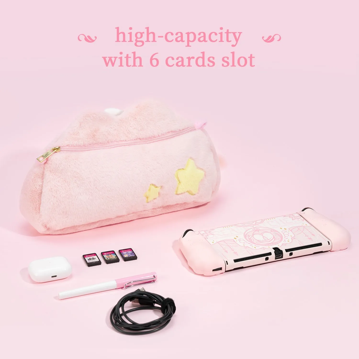 GeekShare Carrying Case Pink Star Kawaii Plush Strorage Bag For