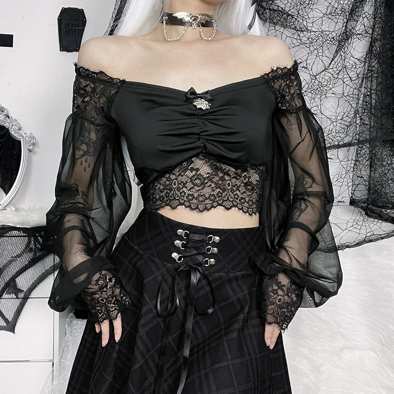 2022 New Gothic Tops Fashion Women Goth Blouse Lace Patchwork Long Sleeve Solid Color V-neck Slim Punk Style Ladies Tops Autumn