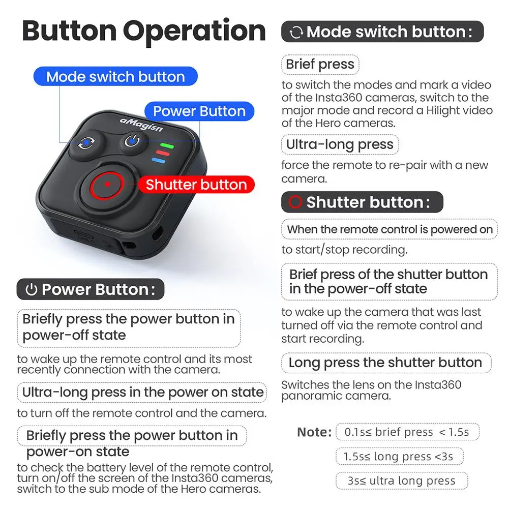 Bluetooth Smart Remote Control for Insta360 GoPro HERO Series Smart Phones Wireless 50m Remote Control Range