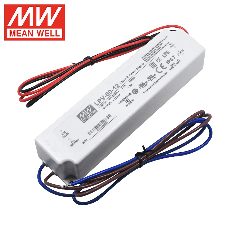 Impermeável Meanwell Comutação de Alimentação Led Driver Strip Light Smps Ip67 Lpv60w dc 12v 12 24v