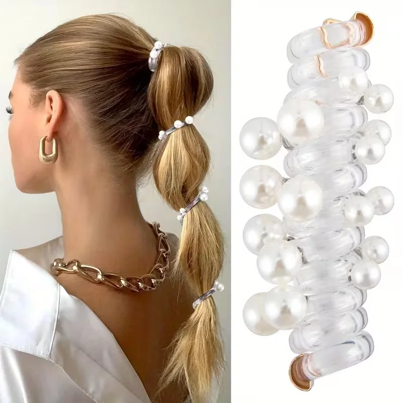 Fascia per capelli a spirale con perline, fascia per capelli a forma di perla, elastico per capelli a coda di cavallo, adatto per capelli lunghi e ricci