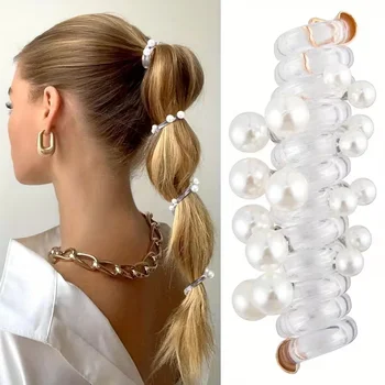 Fascia per capelli a spirale con perline, fascia per capelli a forma di perla, elastico per capelli a coda di cavallo, adatto per capelli lunghi e ricci