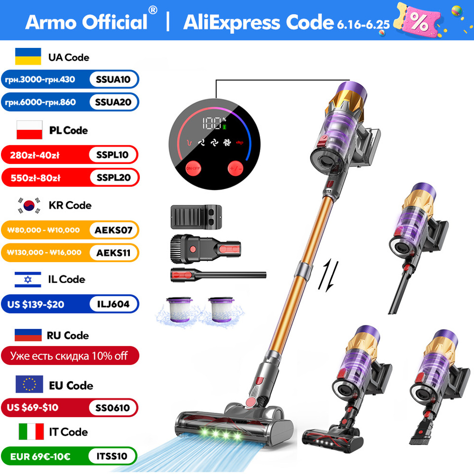 Armo V18 Handheld Vacuum Cleaner 50kPa 550W Power 6 in 1 Cordless Vacuum Cleaner Smart Home LED Display Handheld Sweeper Machine