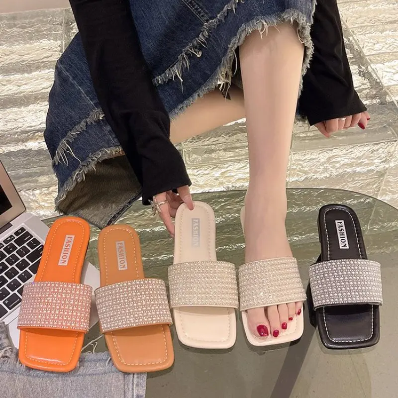 

Lot Style Rhinestone Summer Women Slippers Fashion Flat Heels Slides Ladies Luxury Design Mules Beach Slippers Flip Flop Woman