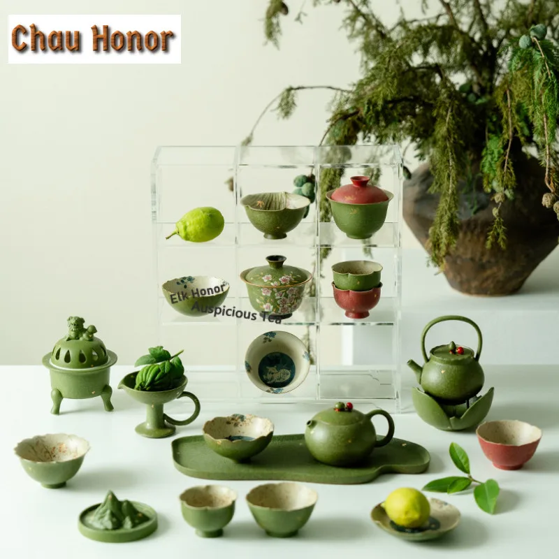 Green Oranges Sprinkled Gold Travel Tea Set Kit Retro 1 Pot 1 Cups Tea Maker Organizer Portable Outdoor Stock Bags Decoration