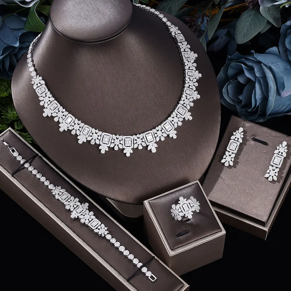 

2023 New Women's 4-Piece Bridal Wedding Jewelry Set Necklace Earrings Bracelet Ring 3A Cubic zirconia Jewelry Gift