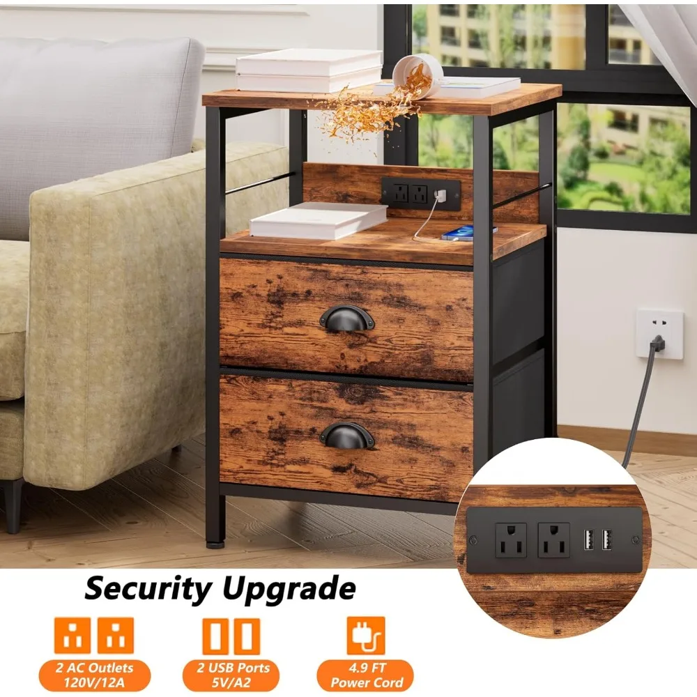Nightstand Set of 2, Charging Station and USB Ports, Side Tables with 2 Fabric Drawers, Bedside Tables 4