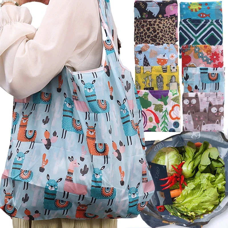 Foldable Shopping Bag Reusable Travel Grocery Bag Eco-Friendly Cute Animal Plant Printing Portable Supermarket Shopping Bag