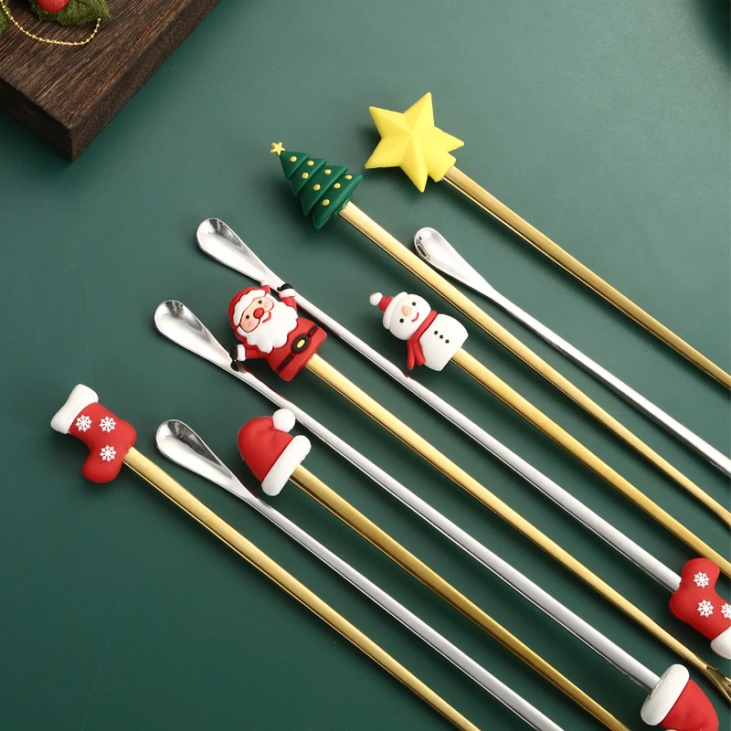 Christmas Series Long Handle Mixing Spoon Stainless Steel Coffee Honey Stirring Spoons Bar Whisky Stir Rod Bartender Accessories