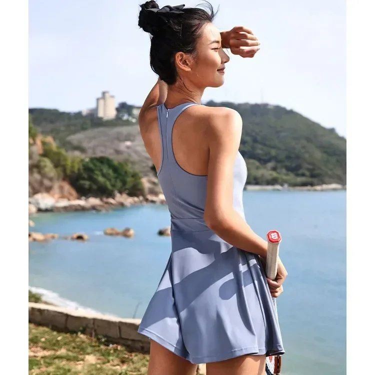 Zipper Beauty Back Yoga Suit Romper Gym Sports Fitness Bodysuit Tight Fitting Dress Golf Tennis Skirts Women One-piece Playsuit