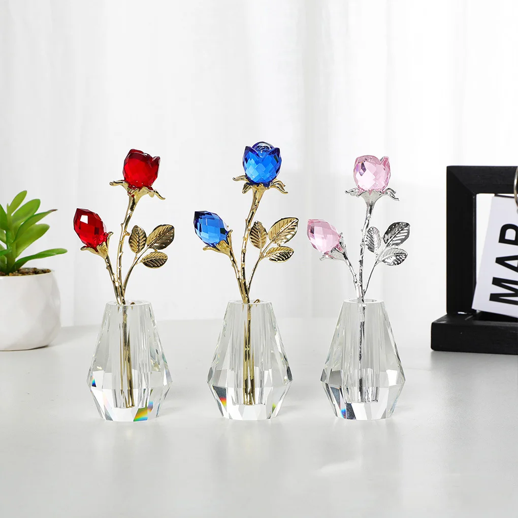 Crystal Rose Figurine com Silver Pole, Presente Elegante para Qualquer Ocasião, Rosas Azuis, Pink Silver Rod, Premium Quality Rod