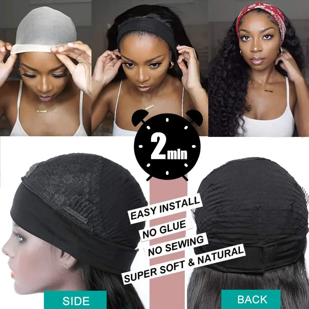 Headband Wig Human Hair Body Wave 16 Inch None Lace Front Wig Wear and Go Wigs for Women 200% Density Wigs Natural Black Color 4