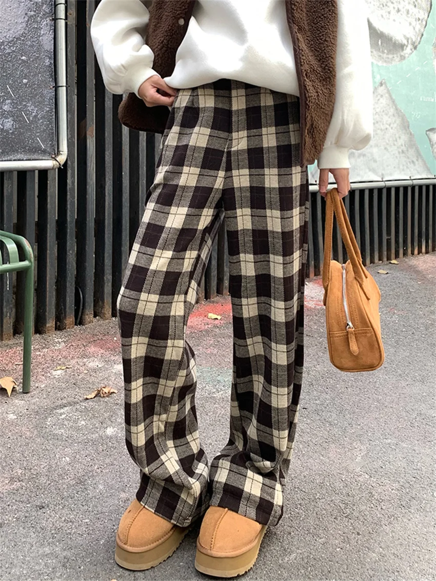 

PLAMTEE 2024 Winter Loose Pants Chic Women Thicken Wide Leg Plaid Casual All Match Minimalist High Waist Fashion New Daily Warm