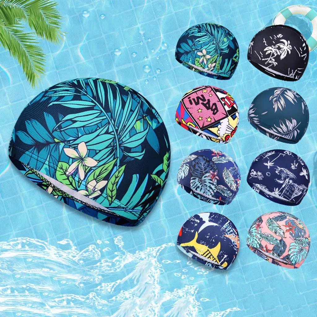 1PC  Fashion Swimming Cap Men/Women Flowers Printed Long Hair Sports Swim Pool Bathing Hat Elastic Nylon Turban Sports Accessory 2