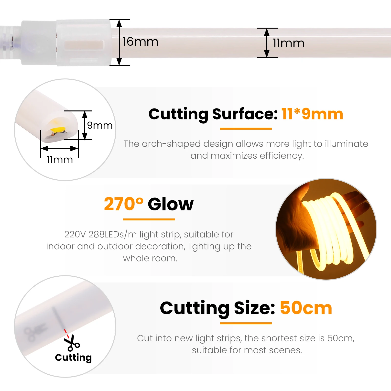 220V COB LED 네온 스트립 라이트 270 ° 유니폼 글로우 방수 288LEDs/m 유연한 테이프(스위치 포함) 가정 정원 조명용 EU 플러그