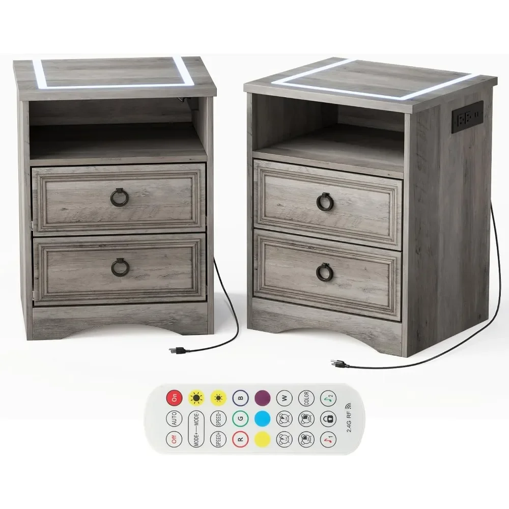 Nightstand with Strip Lights,USB Outlets Set of 2, NightStand with Drawers, Accent BedSide Table and End Table Open Storage