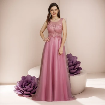 فستان وصيفة العروس من BABYONLINE باللون الوردي المغبر مع صدرية من الدانتيل، من التل المتدفق على شكل حرف a للمناسبات الرسمية وحفلات الزفاف للنساء