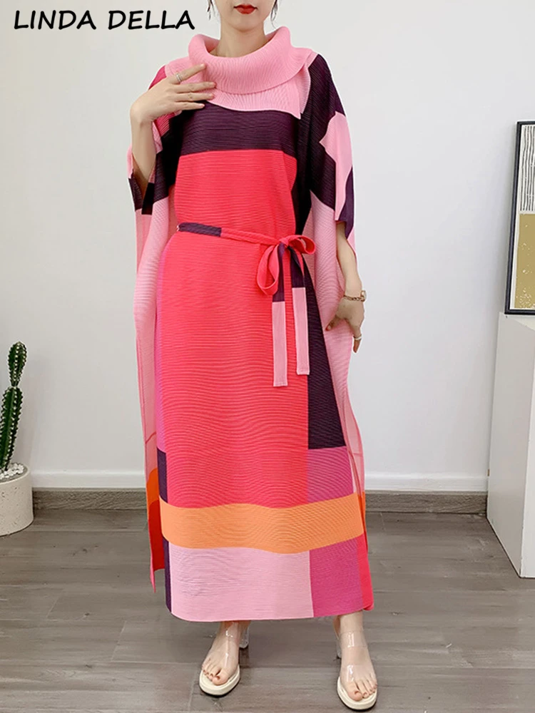 

LINDA DELLA Summer Fashion Runway Casual Vintage Print Dress Women Scarf Collar Frenulum Gathered Waist Loose Pleated Long Dress